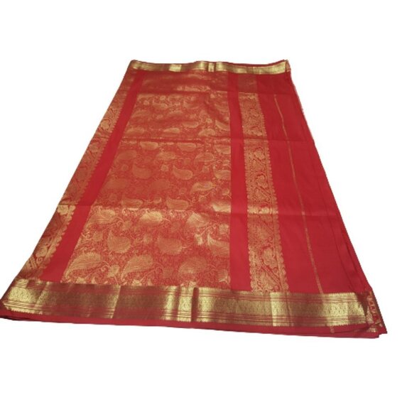 Red Saree with Gold Accents- Unstitched- NEW - Picture 3 of 15